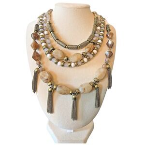 New Neutrals Multi-Strand Tassel Statement Necklace Womens Brown Gold Boho‎